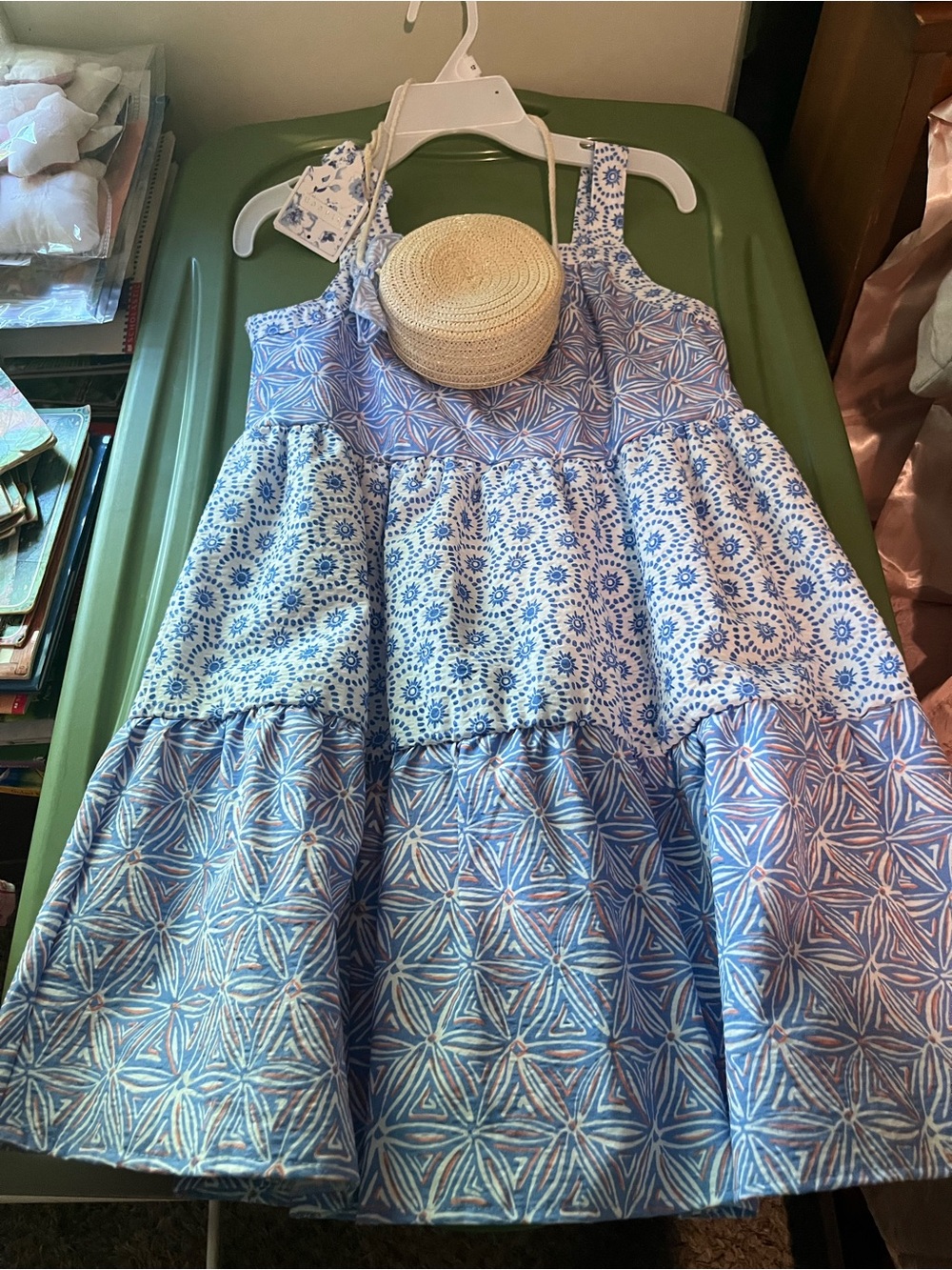 btween Blue and White Patterned Tiered Sundress